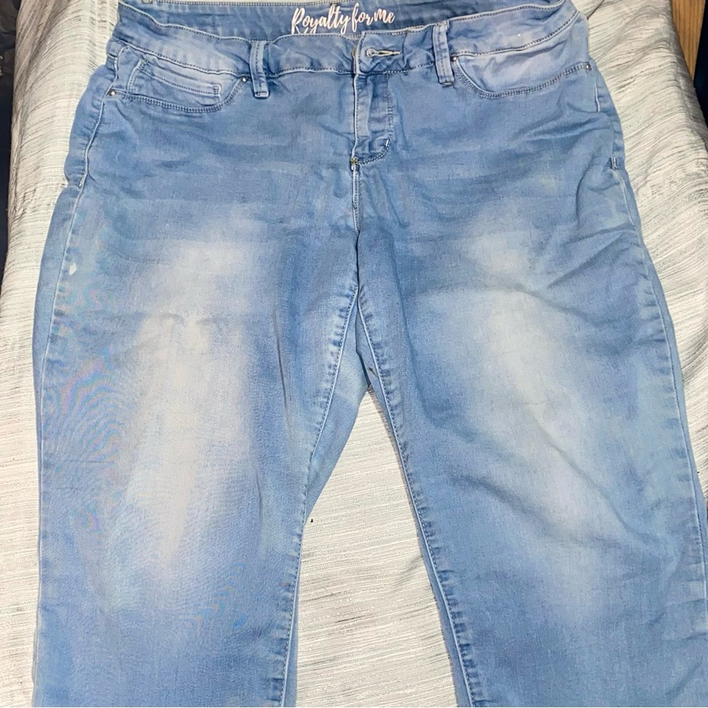 Royalty For Me Light Wash Blue Capri Jeans Featuring a Cuffwith Brown Logo Patch